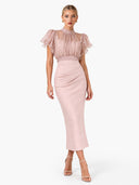 Elegant Sheer Chiffon Ruffle Sleeve Top & Ruched Midi Skirt Two-Piece Set