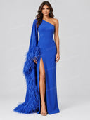 Elegant Feather Trim One Shoulder Slit Maxi Dress