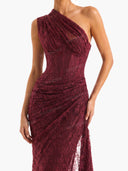 Elegant One-Shoulder Lace Draped Maxi Dress