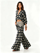 Casual Abstract Plaid Print Kimono Shirt & Pants Two-Piece Set