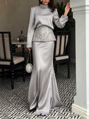 Elegant Satin Mock Neck Top & Mermaid Maxi Skirt Two-Piece Set
