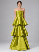 Elegant Strapless Tiered Ruffle Satin Maxi Dress