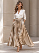 Elegant Satin Bodysuit & Pleated Flowy Party Two-Piece Set