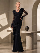 Lace-sleeve Spliced Pleated Maxi Dress