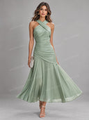 Elegant Halter Neck Ruched Flowing Party Midi Dress