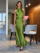 Elegant Satin Halter Neck Evening Maxi Dress