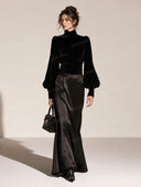 Velvet High Neck Balloon Sleeve Top & Maxi Skirt Set