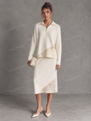 Lace Panel Zip Collar Sweater & Skirt Two Piece Set