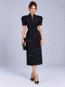 Structured Puff Sleeve Stand Collar Midi Dress
