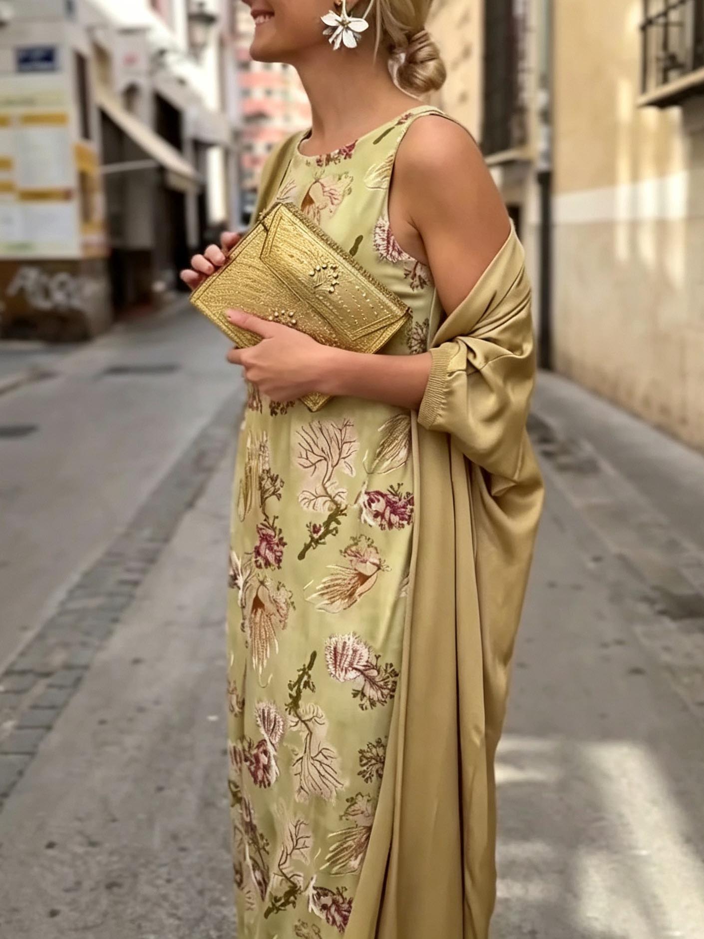Elegant Botanical Print Sleeveless Midi Dress Two-Piece Set