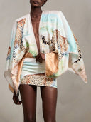 Elegant Cheetah Print Deep V Cape Sleeve Mini Dress