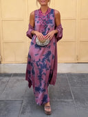 Retro Tie Dye Satin Sleeveless Maxi Dress Two Piece Set