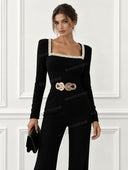 Pearl Trim Square Neck Wide Leg Jumpsuit