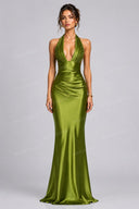 Serenity Olive Green Halter Ruched Satin Maxi Dress