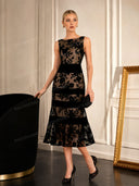 Elegant Flocked Floral Sheer Midi Dress