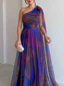 Elegant One-Shoulder Printed Tulle Cape Maxi Dress