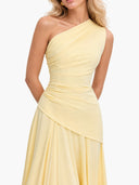Elegant One-Shoulder Ruched Chiffon Tie-Waist Maxi Dress