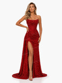 Glamorous Strapless Sequin High Slit Maxi Dress