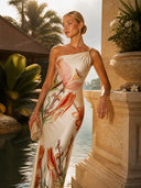 Elegant One-Shoulder Floral Print Satin Maxi Dress