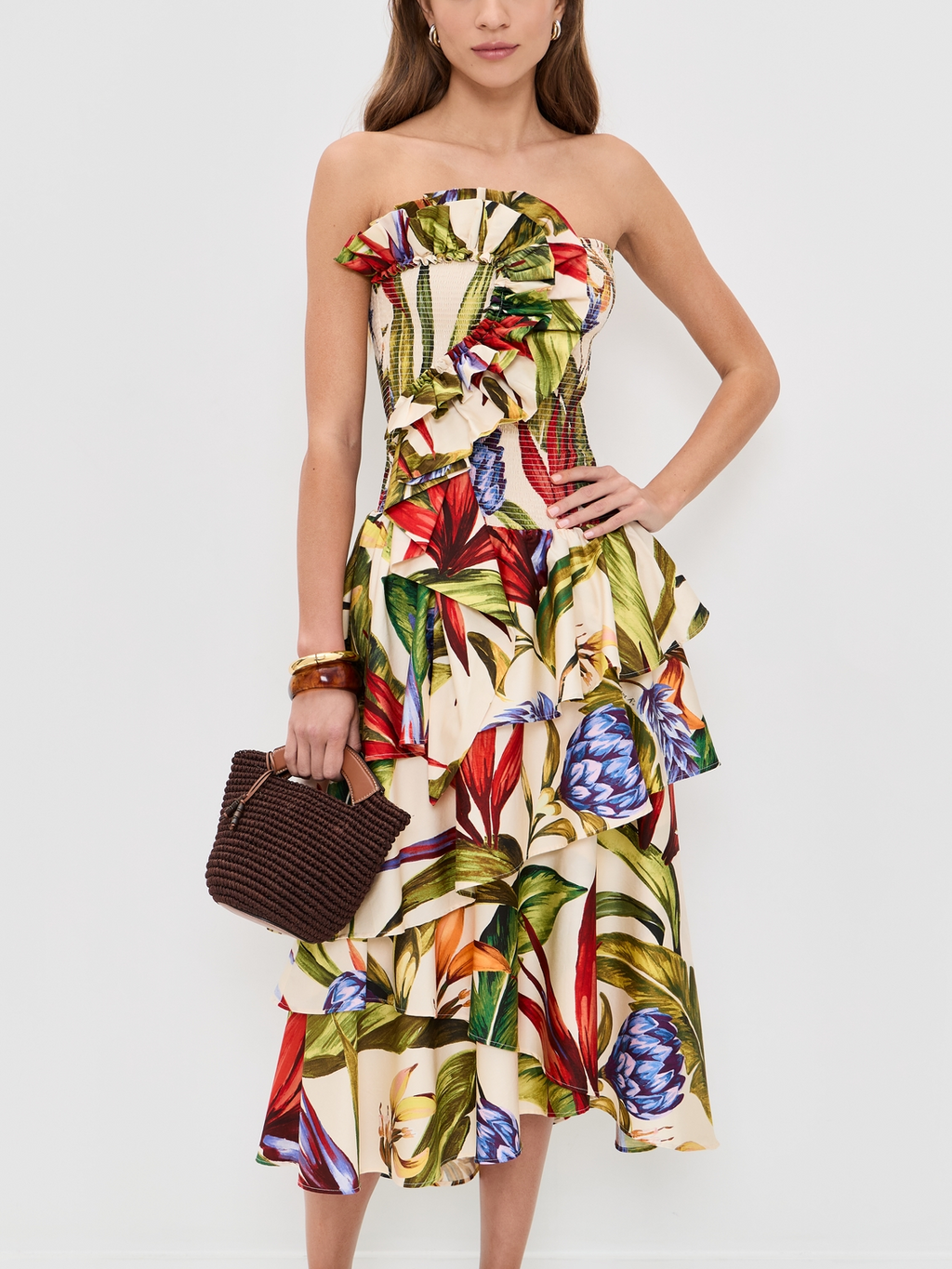 Tropical Botanical Print Strapless Dress
