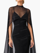 Sexy Black V-neck Sleeveless Sheer Fit Shawl-Style Spaghetti Strap Maxi Dress