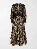 Retro Gold Print Puff Sleeve Ruffle Maxi Dress