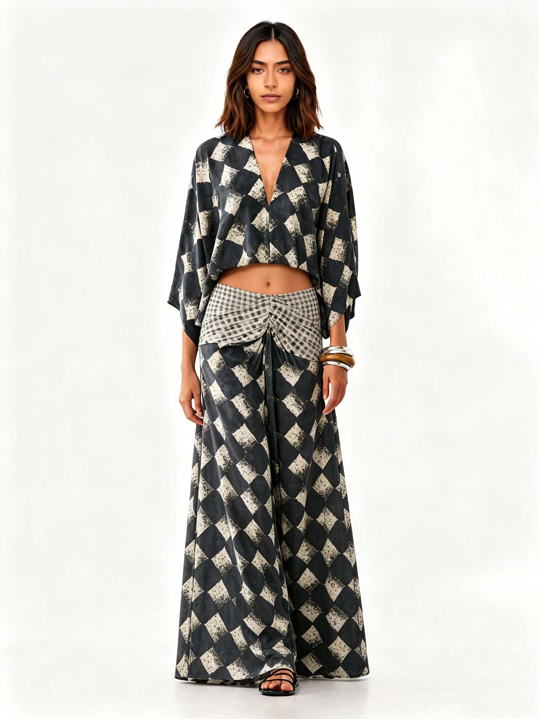 Casual Abstract Plaid Print Kimono Shirt & Pants Two-Piece Set