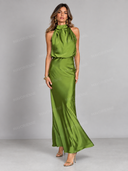 Elegant Satin Halter Neck Evening Maxi Dress