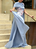 Elegant Draped Floral Applique Cape Chiffon Maxi Dress