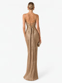 Elegant Pleated Metallic Tie-Waist Party Slit Gown Maxi Dress