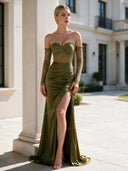 Elegant Satin Off-Shoulder Lace Corset Maxi Dress