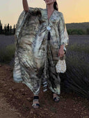 Elegant Tie-Dye Glossy Satin Kaftan Maxi Dress