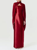 Elegant Satin Strapless Maxi Dress with Chiffon Cape