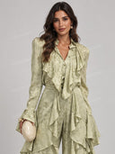 Elegant Ruffle Blouse & Flare Pants Two Piece Set