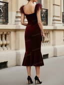 Elegant Feather Trim Velvet Midi Dress