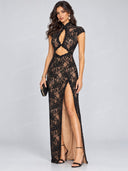 Sexy Lace Cutout Mandarin Collar Maxi Dress