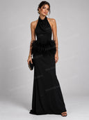 Sexy Feather Trim Halter Neck Maxi Dress