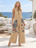Stand Collar Printed Jumpsuit