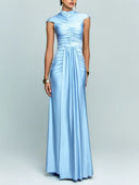 Elegant High-Neck Cap Sleeve Ruched Satin Maxi Dress