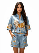 Exquisite Satin Horse Print Zip-Up Shirt & Shorts Set