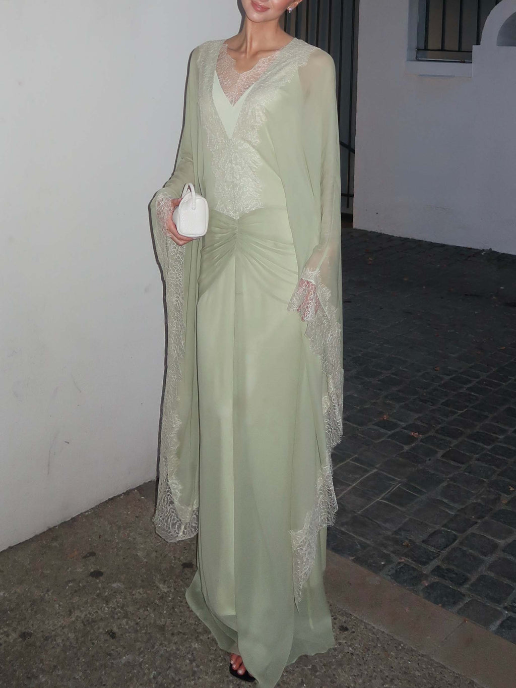 Elegant Lace-Trim Cape Sleeve Ruched Maxi Dress