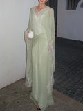 Elegant Lace-Trim Cape Sleeve Ruched Maxi Dress