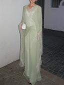 Elegant Lace-Trim Cape Sleeve Ruched Maxi Dress