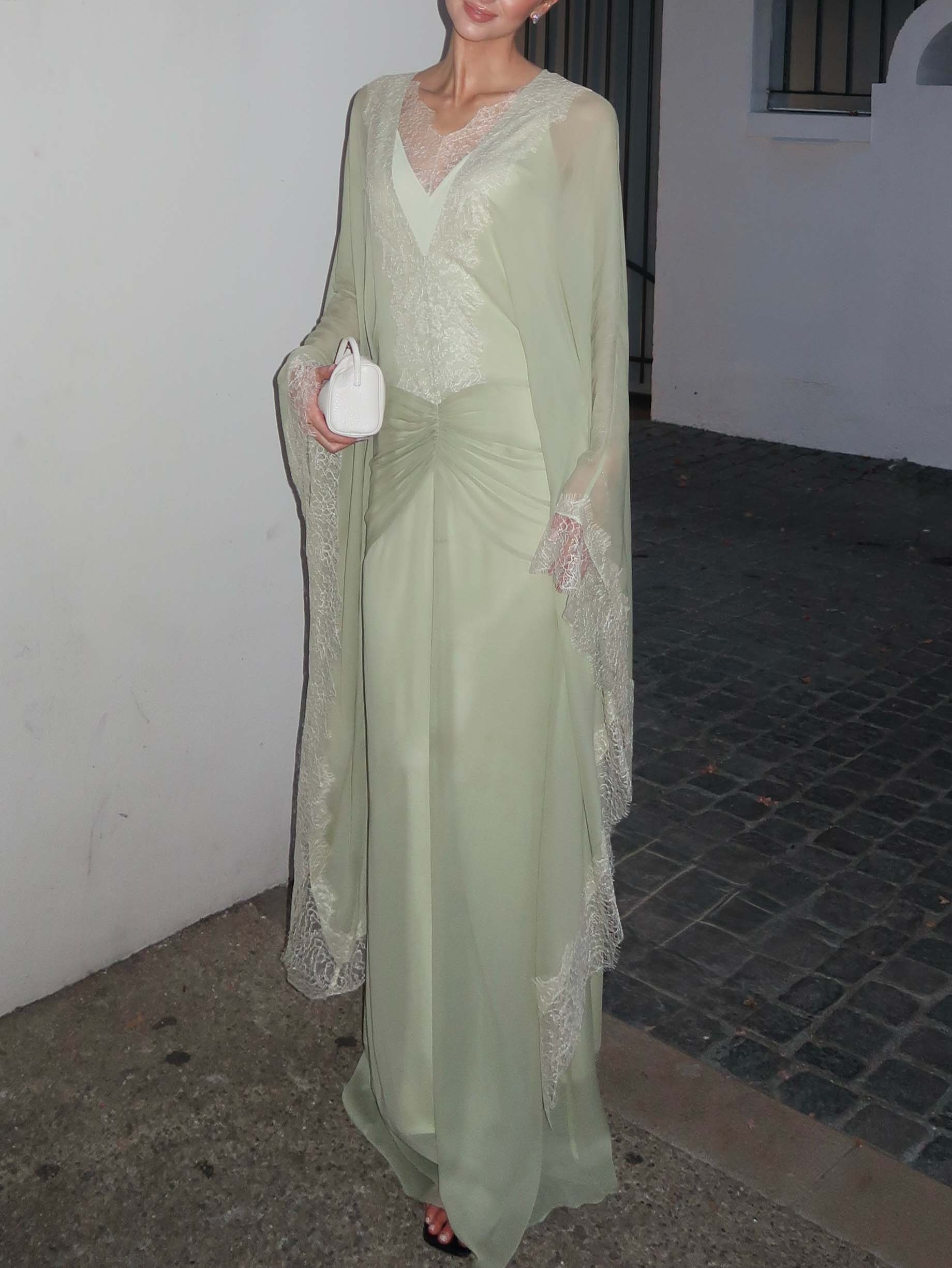 Elegant Lace-Trim Cape Sleeve Ruched Maxi Dress