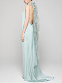 Elegant Satin Halter Feather-Trim Maxi Dress
