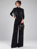 Lace Texture Fringe Cape Top Bodysuit & Pants Three Piece Set