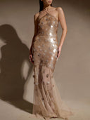 Elegant Iridescent Sequin Halter Neck Evening Maxi Dress