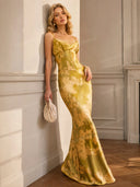 Lace Splicing Printed Sling Maxi Dress