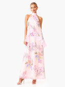 Elegant Pink Floral Applique Halter Maxi Dress