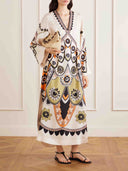 Retro Floral Geometric Print Satin Kaftan Maxi Dress